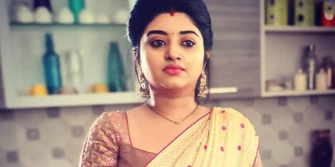 vj-mahalakshmi-golden-saree-standing-in-kitchen